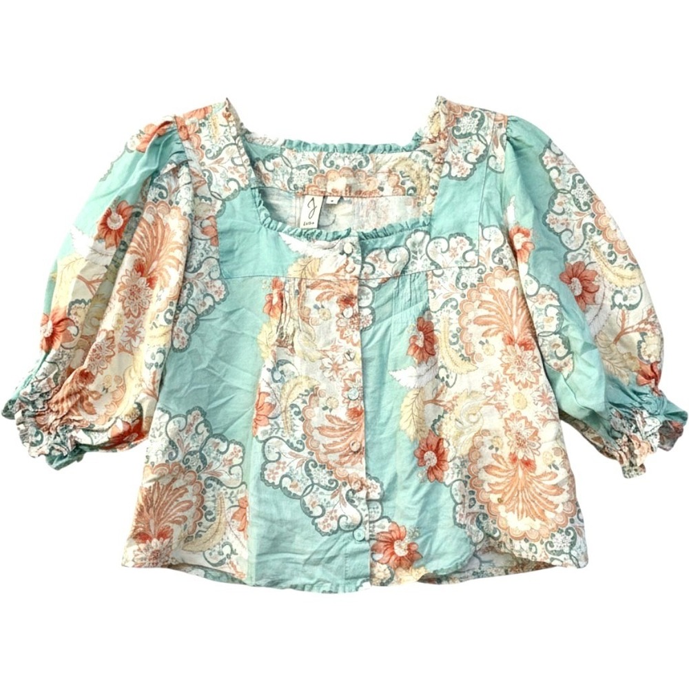 Joie linen blend square neck floral blouse S puff sleeves ruffle detail